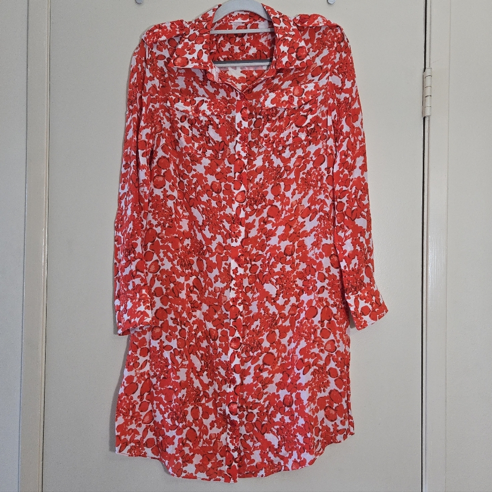 Abstract Floral Red and White Button Up Women's 100% Silk Shirt Dress Size Small